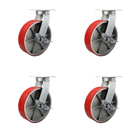 Service Caster 10'' Heavy Duty Red Poly on Cast Iron Caster Set 4 Brakes 2 Swivel Locks, 4PK CRAN-KP92S1030-PUR-RS-SLB-BSL-2-SLB2